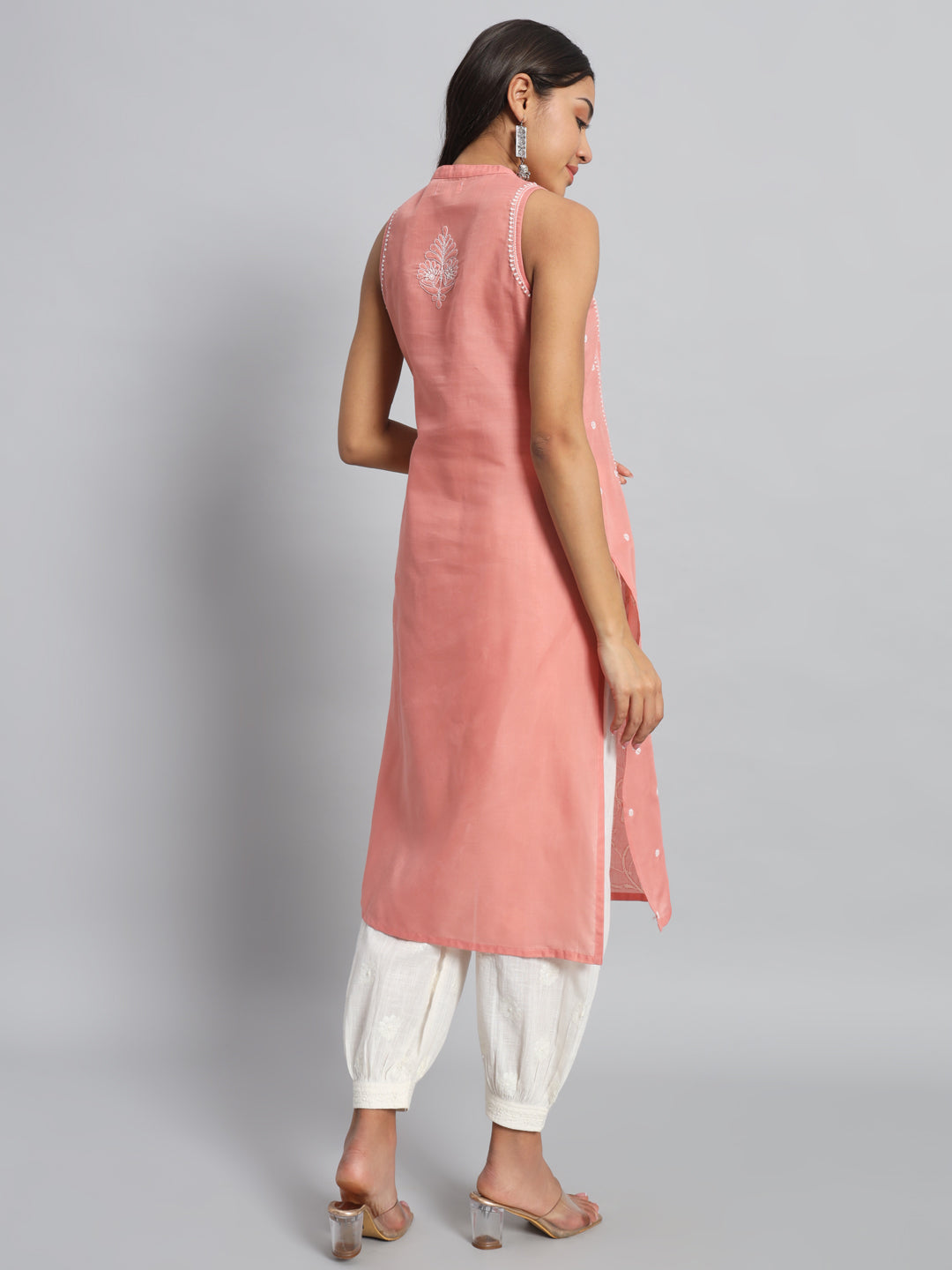 Rose Pink Sleeveless Chikankari Kurta