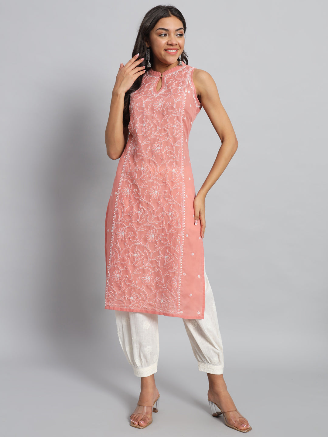 Rose Pink Sleeveless Chikankari Kurta