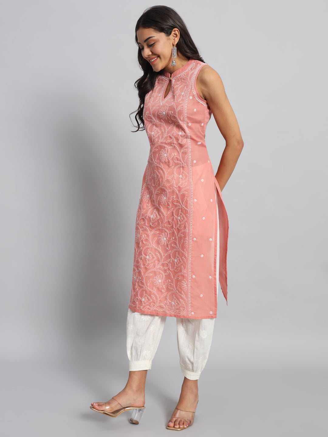 Rose Pink Sleeveless Chikankari Kurta