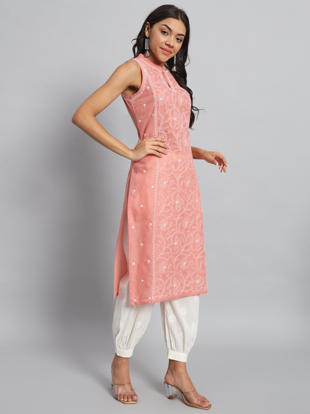 Rose Pink Sleeveless Chikankari Kurta