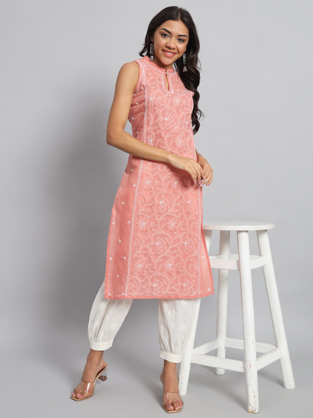 Rose Pink Sleeveless Chikankari Kurta