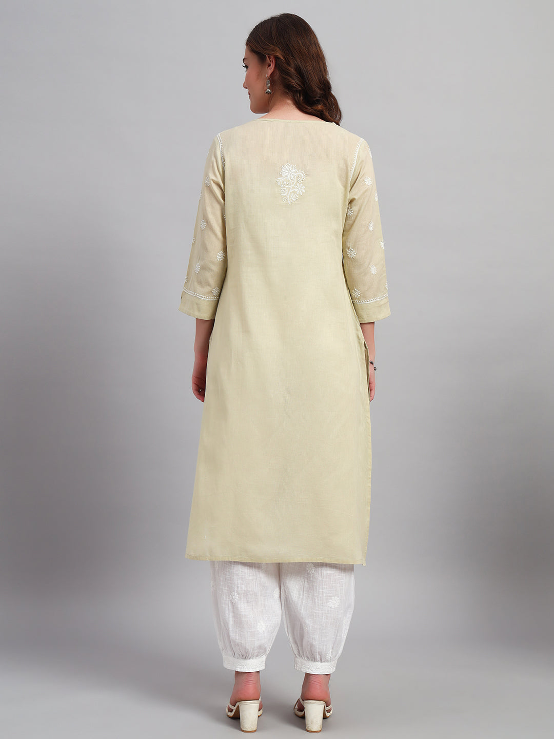 Hand-Embroidered Round Neck Chikankari Kota Kurta