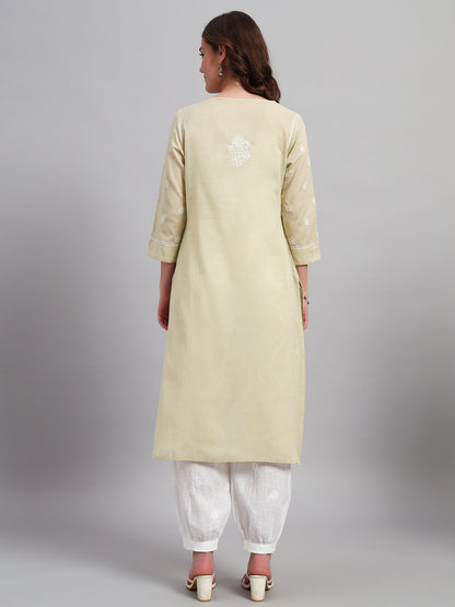 Hand-Embroidered Round Neck Chikankari Kota Kurta