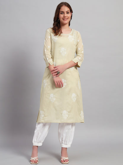Hand-Embroidered Round Neck Chikankari Kota Kurta