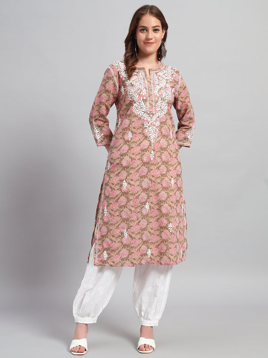 Chikankari hand-embroidered Mocha Kurti