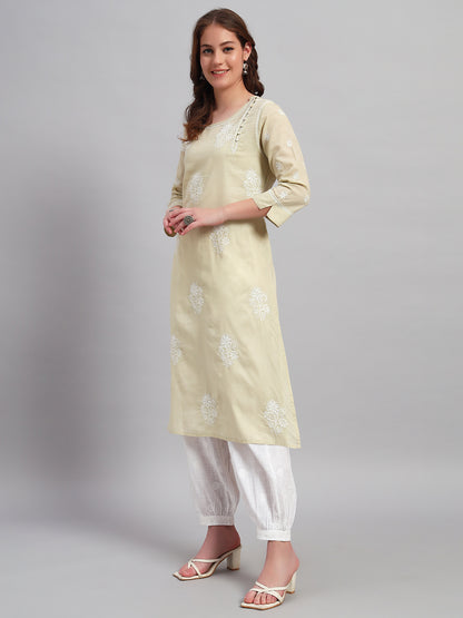 Hand-Embroidered Round Neck Chikankari Kota Kurta