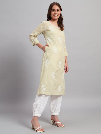 Hand-Embroidered Round Neck Chikankari Kota Kurta