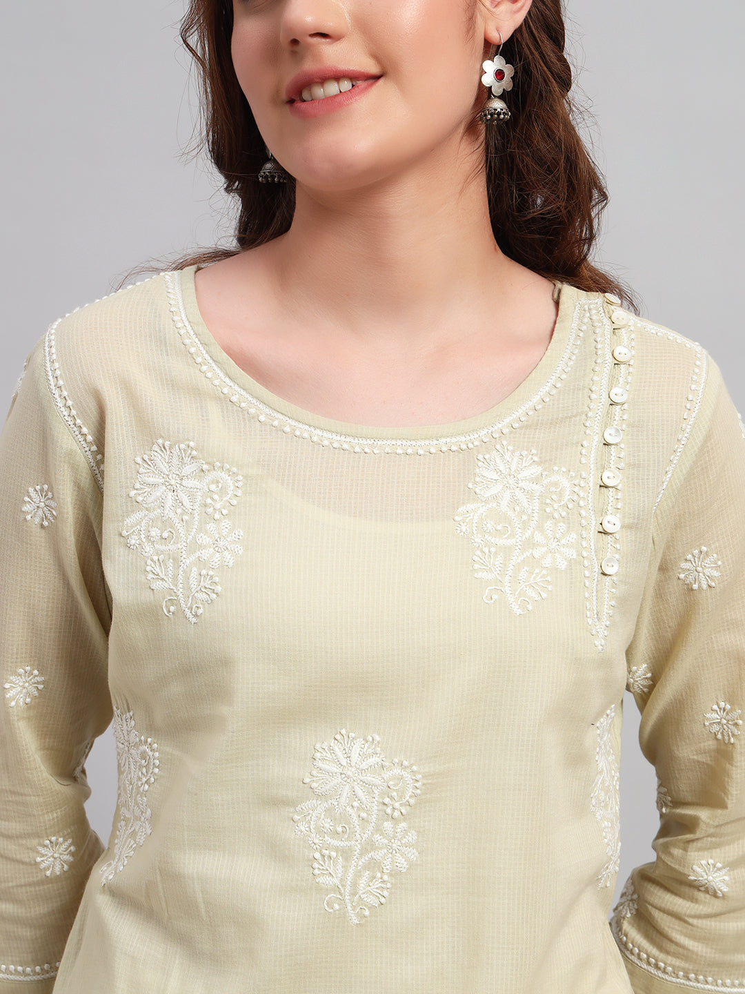 Hand-Embroidered Round Neck Chikankari Kota Kurta