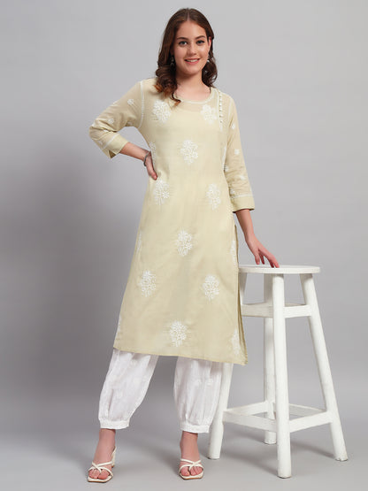 Hand-Embroidered Round Neck Chikankari Kota Kurta