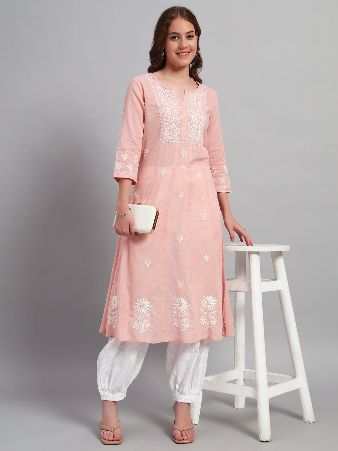 Paisley Embroidered Chikankari A-Line Pure Cotton Kurta