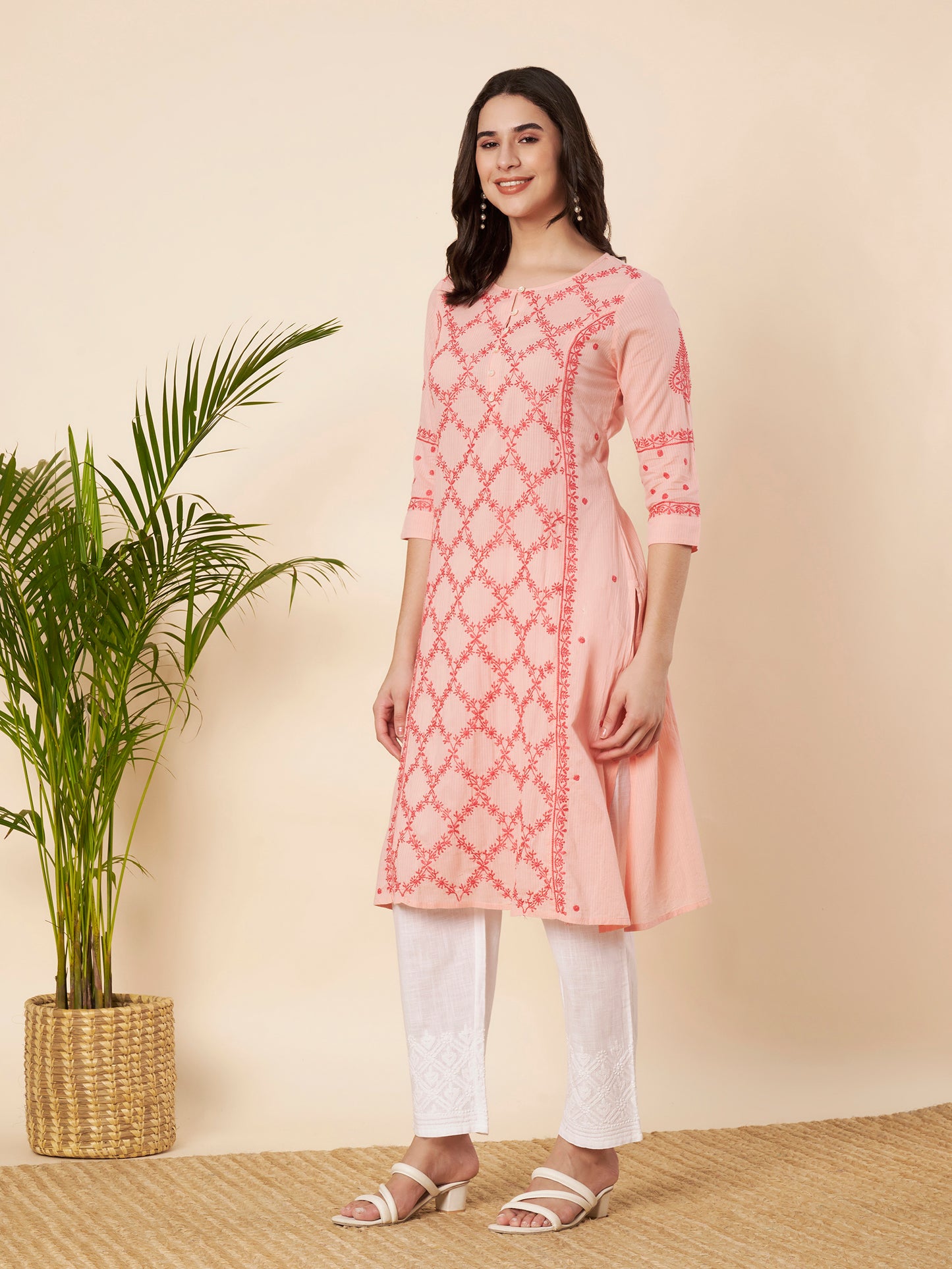 Peach Straight Fit Chikankari Kurta