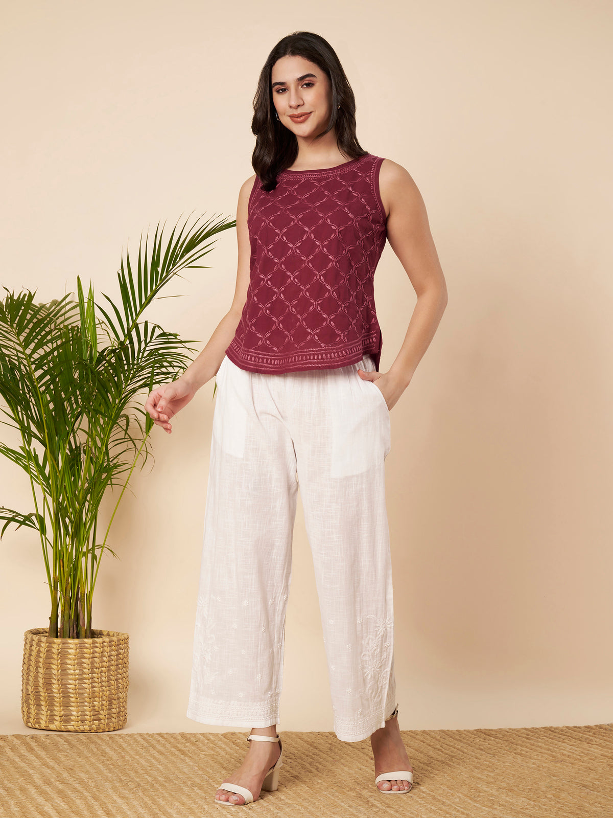 Maroon Hand-embroidered Chikankari Top