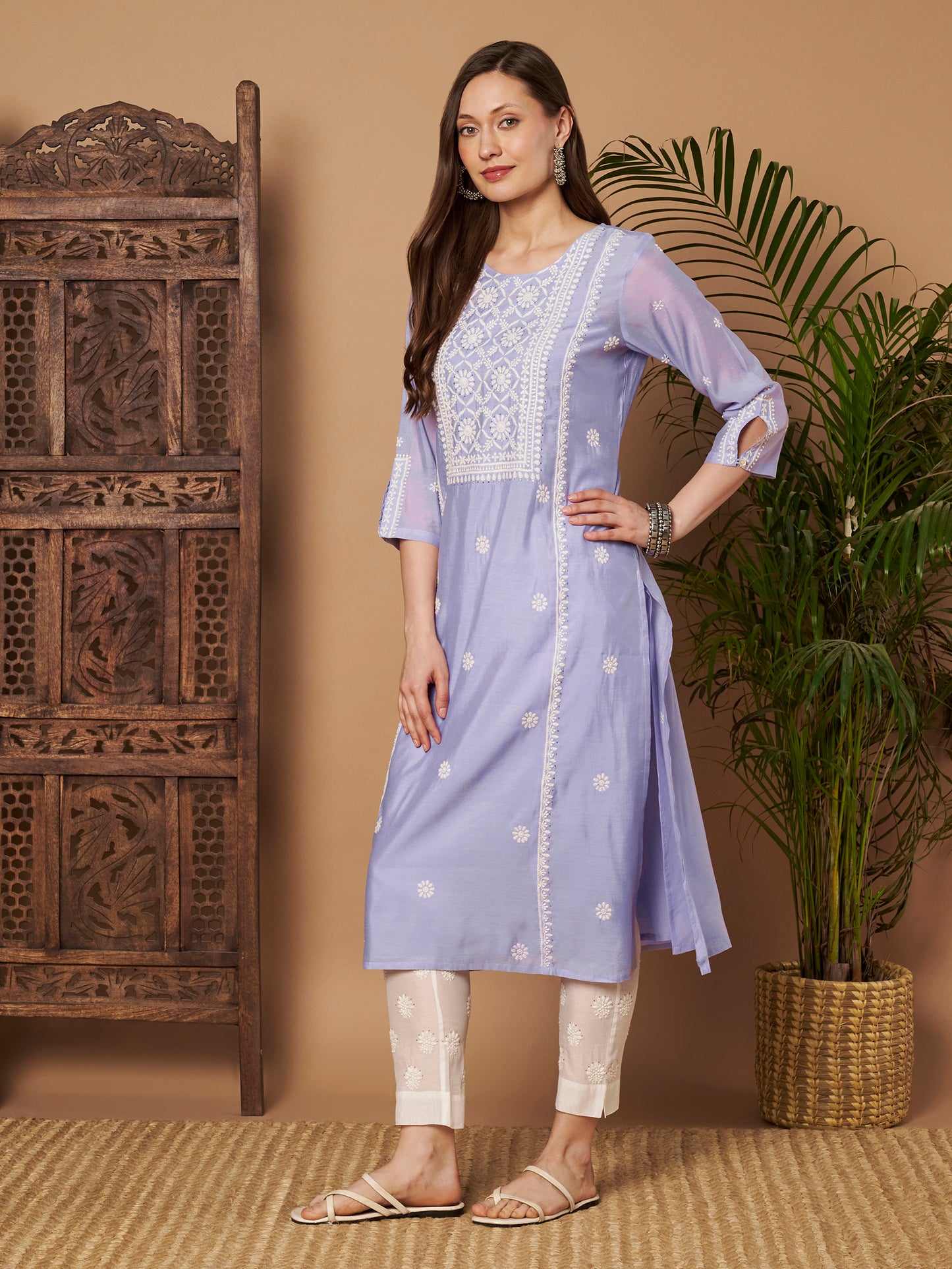 Lavender Chanderi Silk Embroidered Kurta