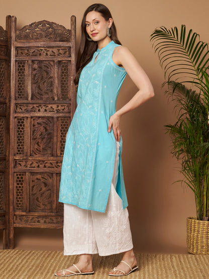 Ice Blue Sleeveless Chikankari Kurta