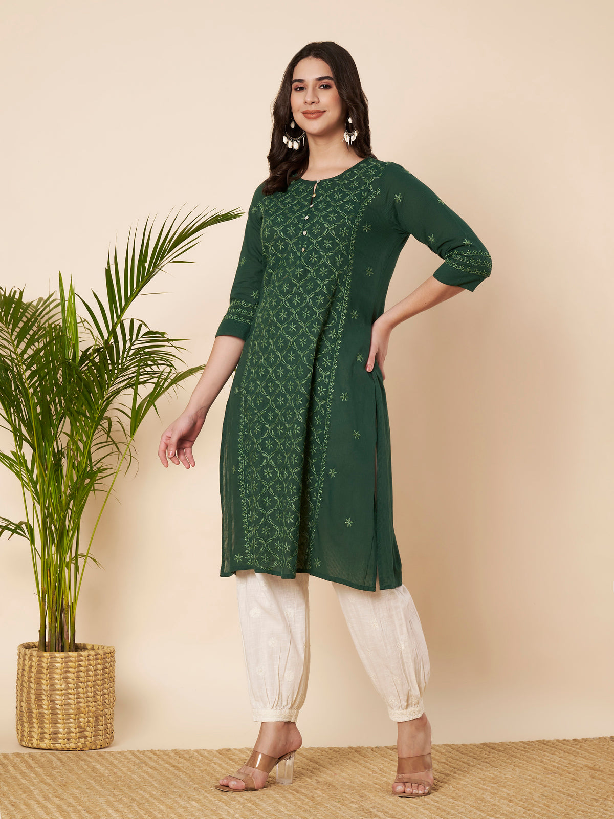 Bottle Green Straight Fit Chikankari Kurta