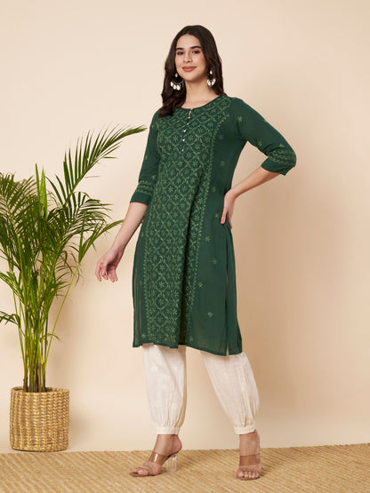 Bottle Green Straight Fit Chikankari Kurta