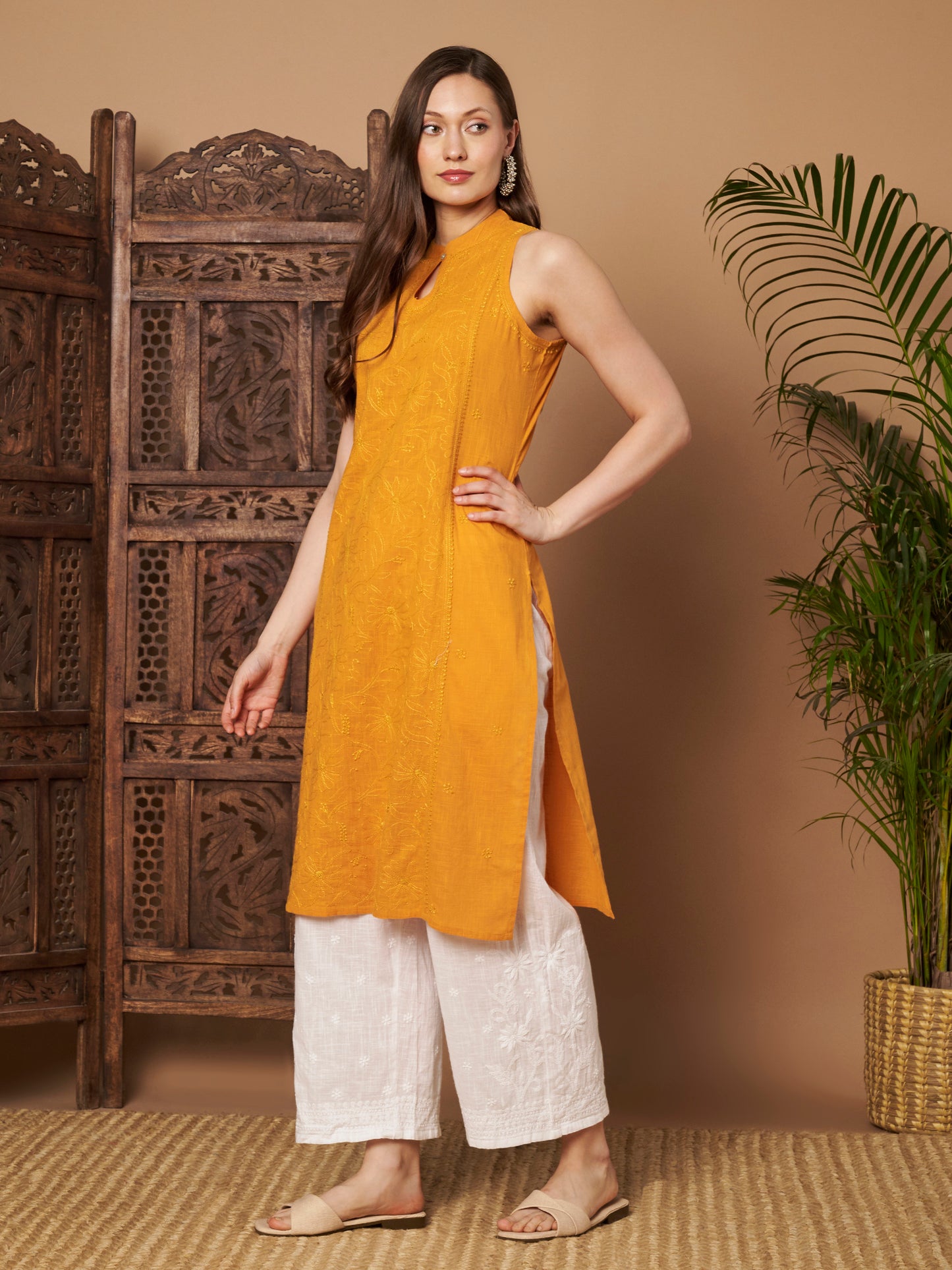 Mango Yellow Sleeveless Chikankari Kurta