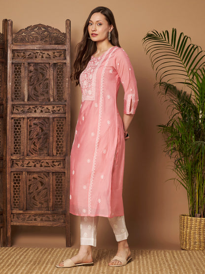 Rose Pink Chanderi Silk Embroidered Kurta