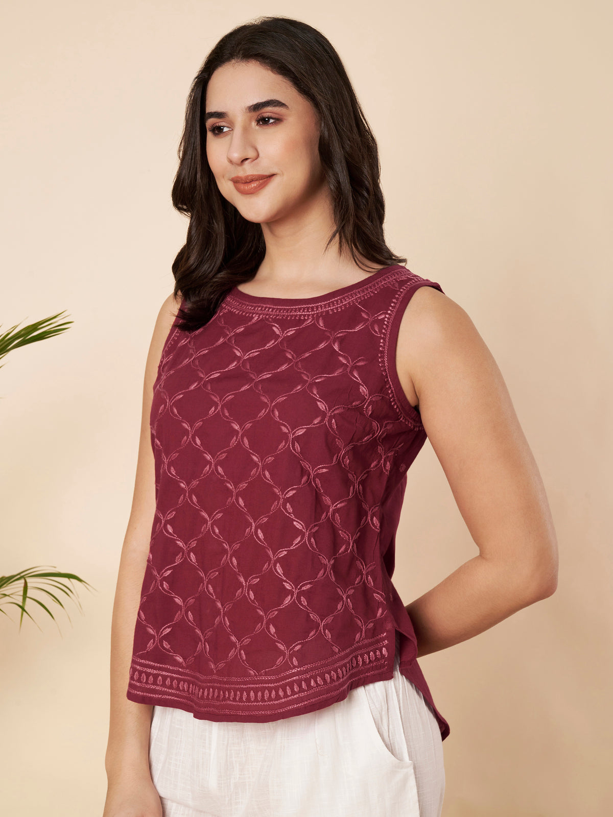 Maroon Hand-embroidered Chikankari Top