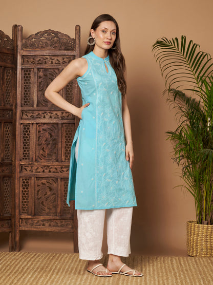 Ice Blue Sleeveless Chikankari Kurta