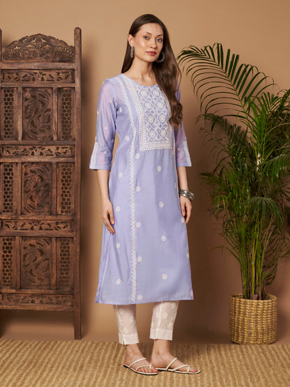 Lavender Chanderi Silk Embroidered Kurta
