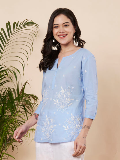 Ice Blue Chikankari Cotton Top