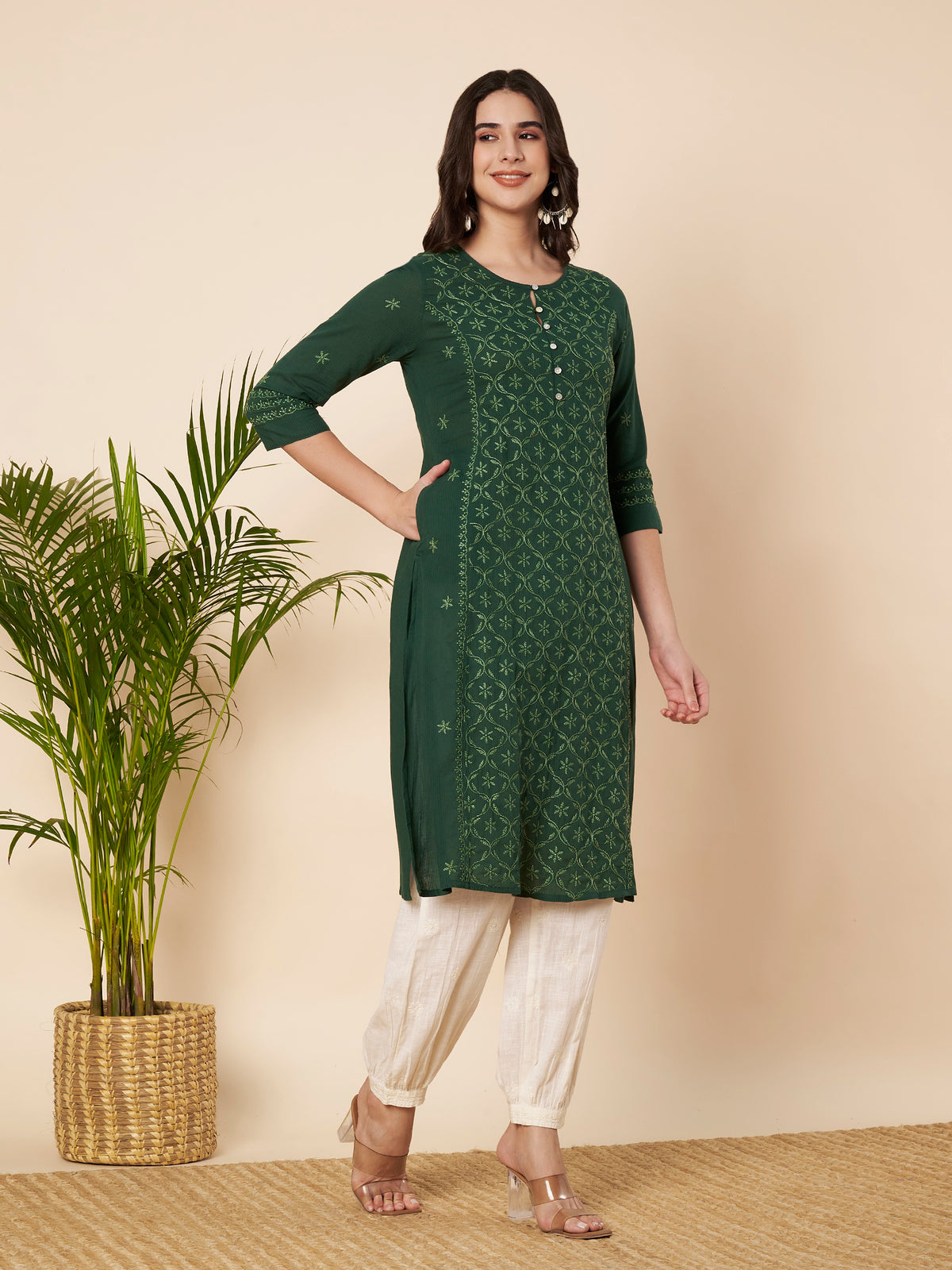 Bottle Green Straight Fit Chikankari Kurta