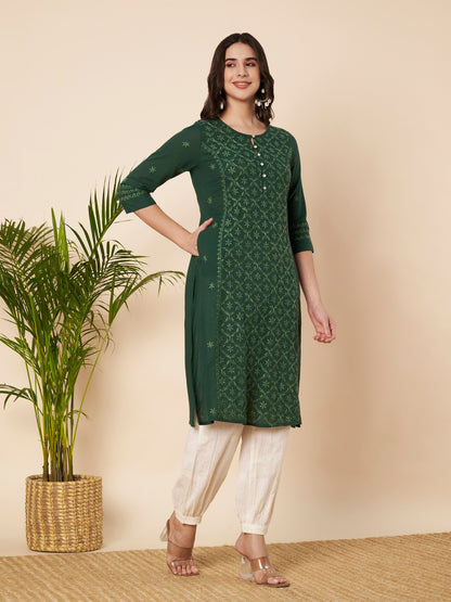 Bottle Green Straight Fit Chikankari Kurta