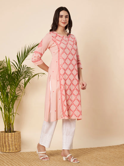 Peach Straight Fit Chikankari Kurta