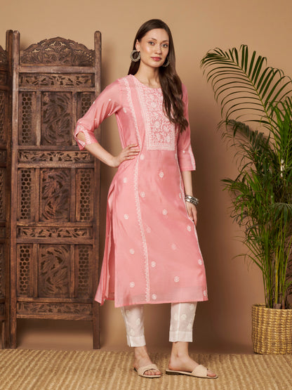 Rose Pink Chanderi Silk Embroidered Kurta