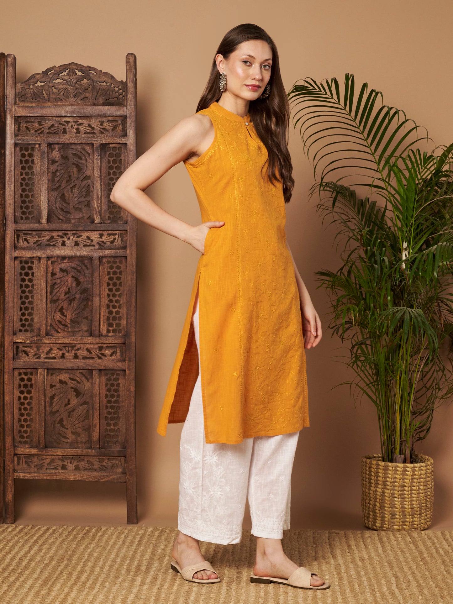 Mango Yellow Sleeveless Chikankari Kurta