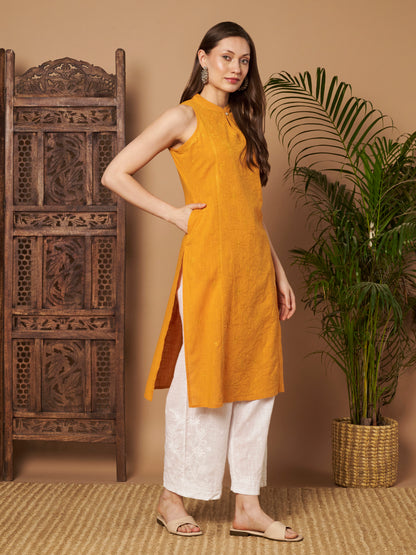 Mango Yellow Sleeveless Chikankari Kurta