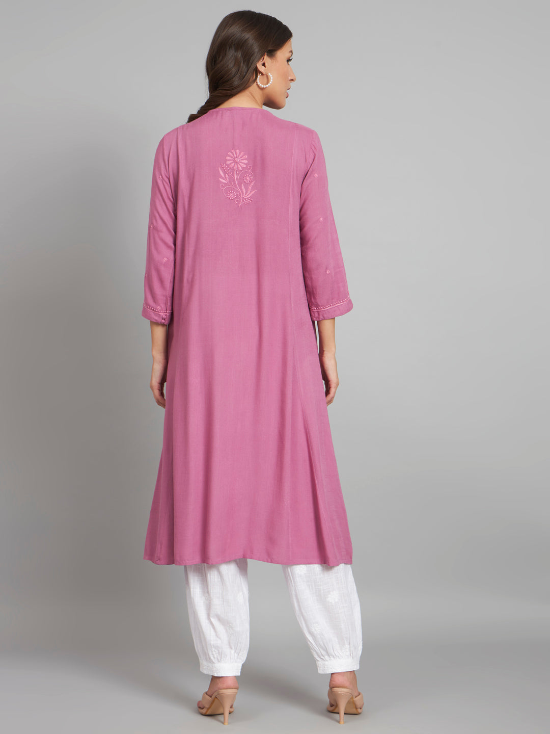 Onion Pink Flared Chikankari Kurta