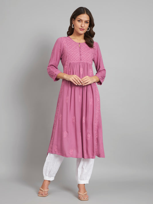 Onion Pink Flared Chikankari Kurta