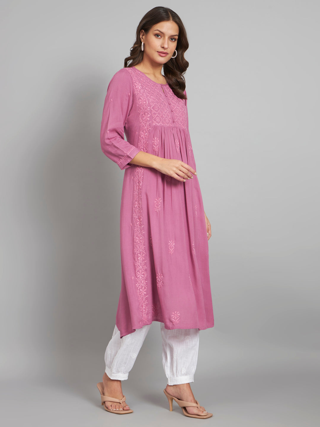 Onion Pink Flared Chikankari Kurta