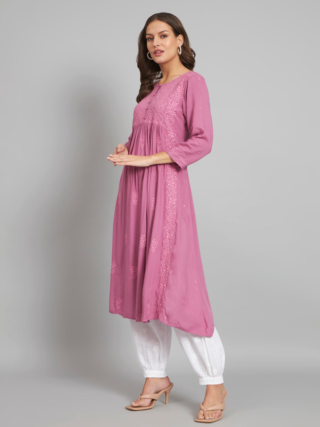 Onion Pink Flared Chikankari Kurta