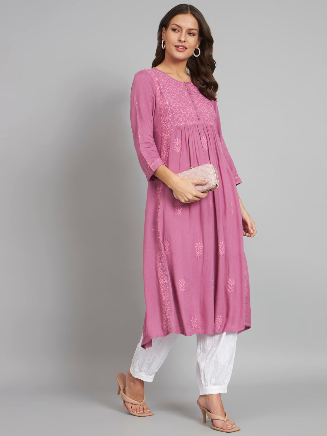 Onion Pink Flared Chikankari Kurta