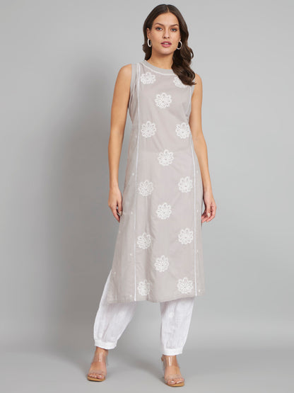 CMKA301GY GREY Sleeveless Chikankari Kurta with Pockets