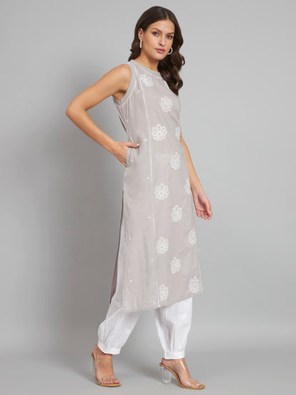 CMKA301GY GREY Sleeveless Chikankari Kurta with Pockets