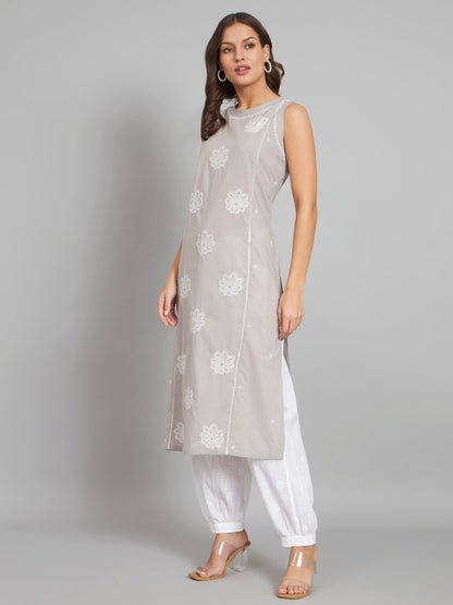 CMKA301GY GREY Sleeveless Chikankari Kurta with Pockets