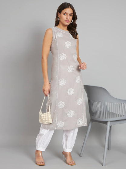 CMKA301GY GREY Sleeveless Chikankari Kurta with Pockets