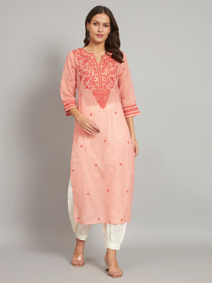 Orange Leheriya Print Chikankari Kurta