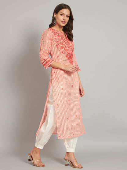 Orange Leheriya Print Chikankari Kurta