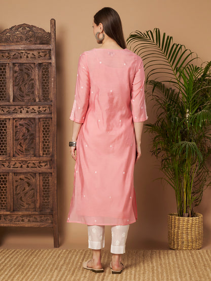 Rose Pink Chanderi Silk Embroidered Kurta