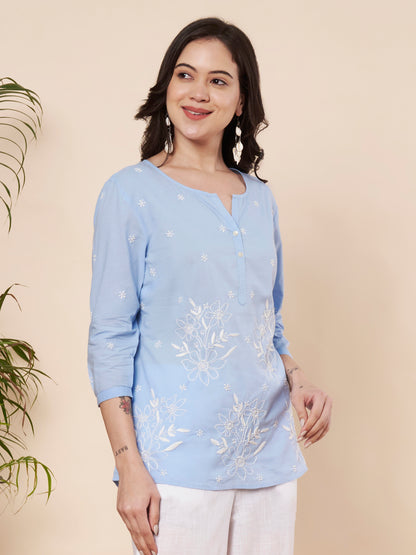 Ice Blue Chikankari Cotton Top