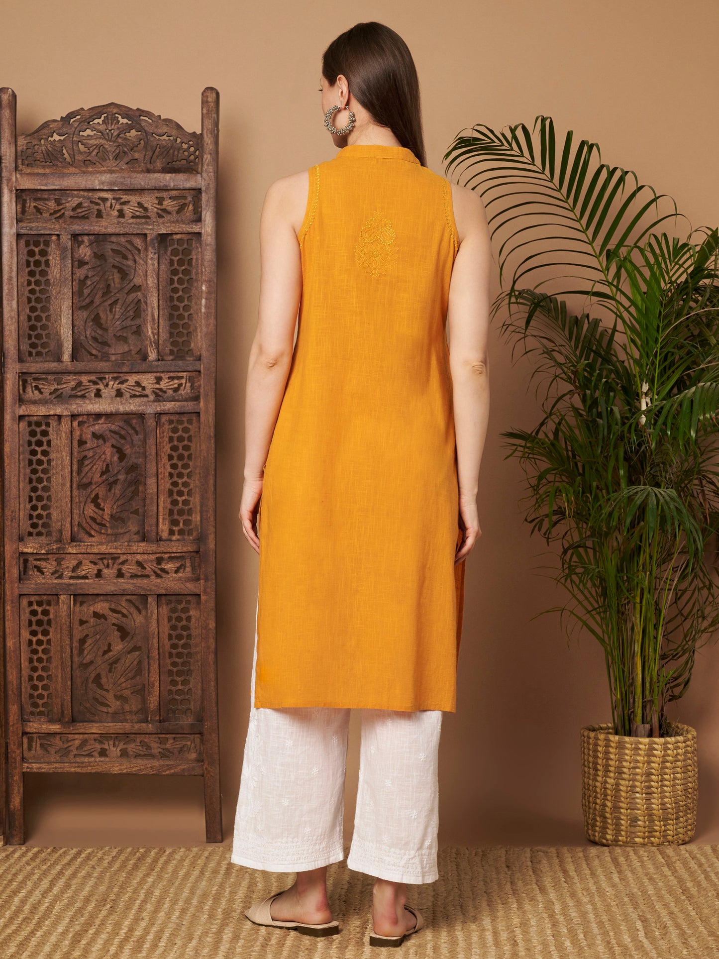 Mango Yellow Sleeveless Chikankari Kurta