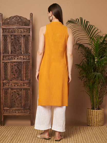 Mango Yellow Sleeveless Chikankari Kurta