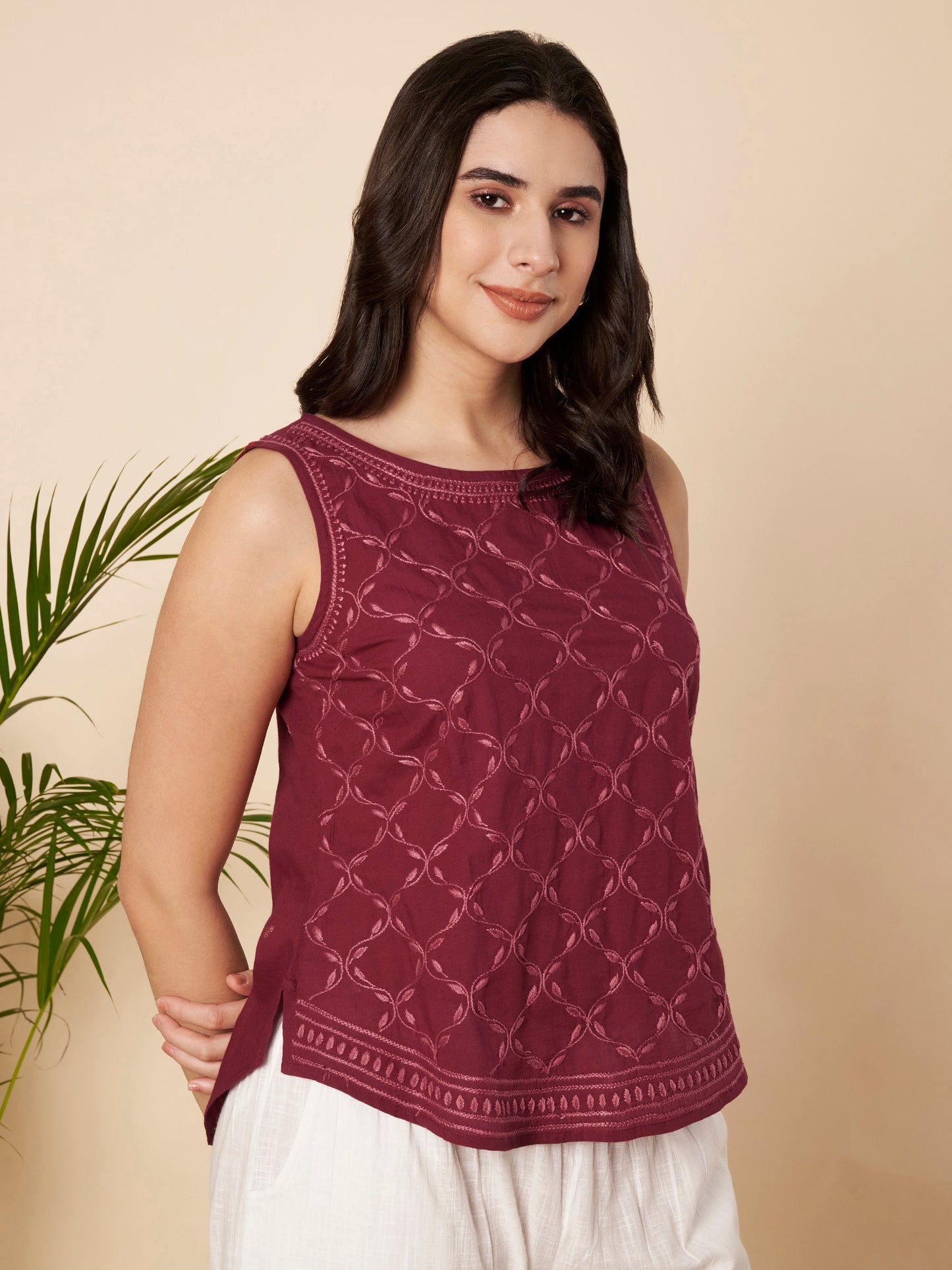 Maroon Hand-embroidered Chikankari Top
