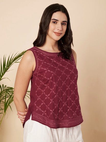 Maroon Hand-embroidered Chikankari Top
