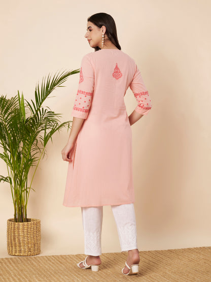 Peach Straight Fit Chikankari Kurta